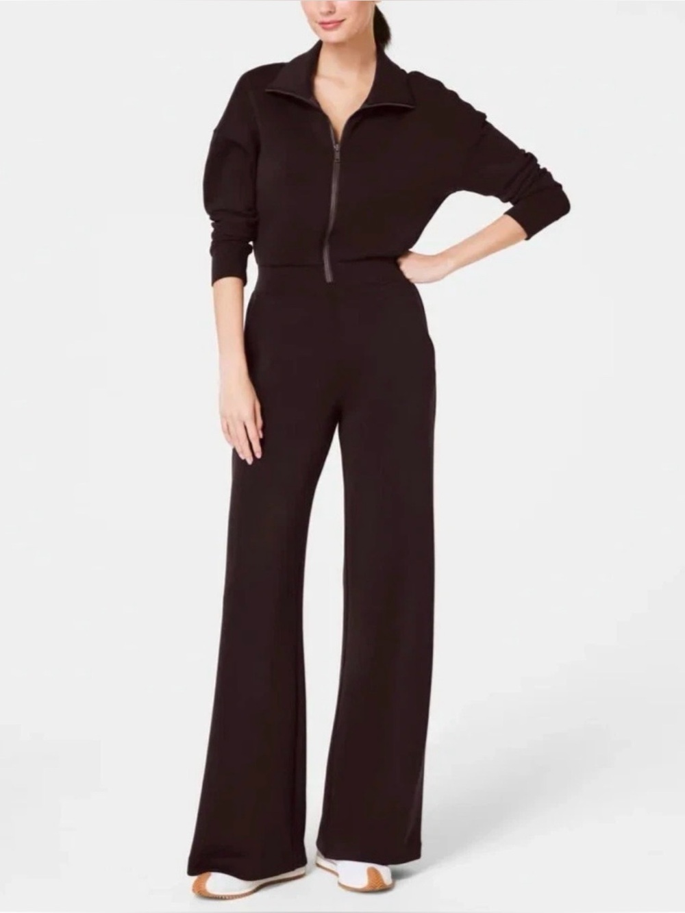 SPANX AirEssentials Truffle Brown Wide Leg Long Sleeve Jumpsuit Size Medium NEW